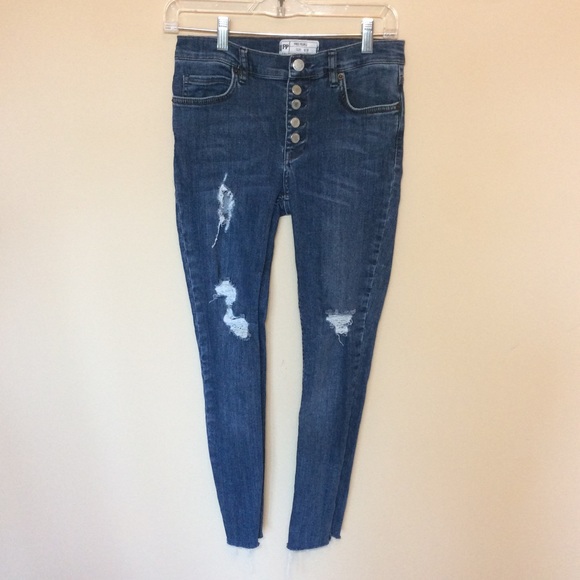 Free People skinny Reagan jeans distressed button denim button fly - Picture 1 of 5